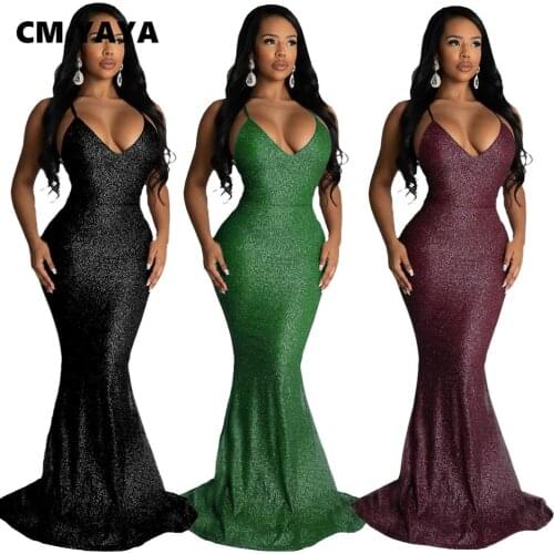 CM.YAYA Fashion Trumpet Mermaid Solid Sleeveless Spaghetti Strap Floor-length Maxi Dresses Women Sexy Skinny Vestido Feminino