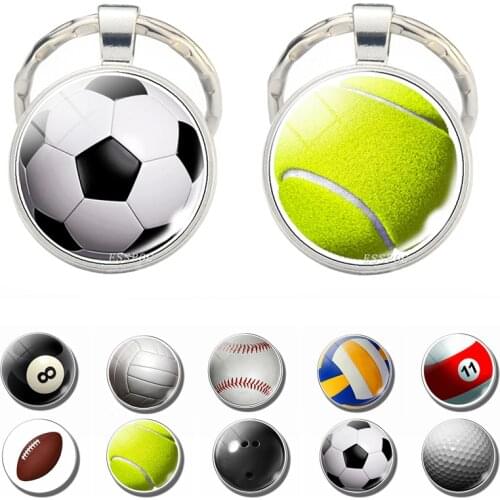 Fashion Football Soccer Tennis Baseball Volleyball Glass Cabochon Keychain Ball Sport Men Jewelry Key Chains Metal Keyring Gifts