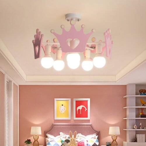 Cartoon creative pink crown chandelier Girl Bedroom Princess Room childrens room lamp modern simple LED color Chandelier