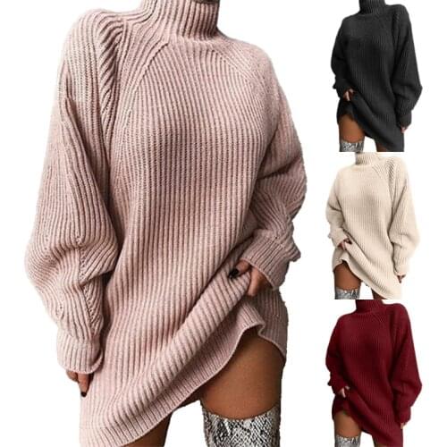 2021 autumn and winter new product solid color sweater mid-length raglan sleeve half turtleneck sweater dress cute sweater
