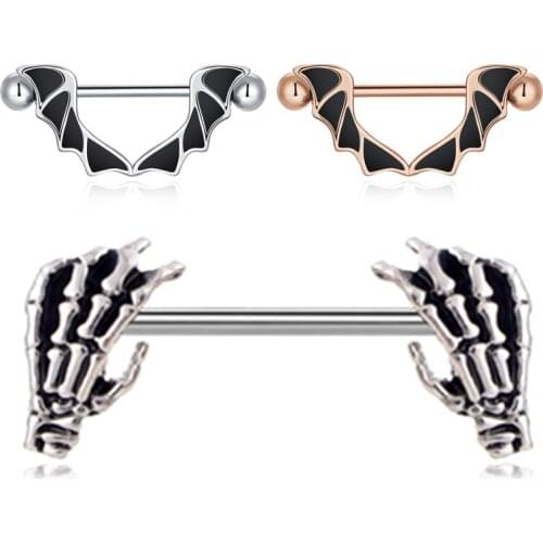 2PC Nipplerings Piercing Women 14G Stainless Steel Skeleton Heart 2Pc Dangle Nipple Ring Set 16mm