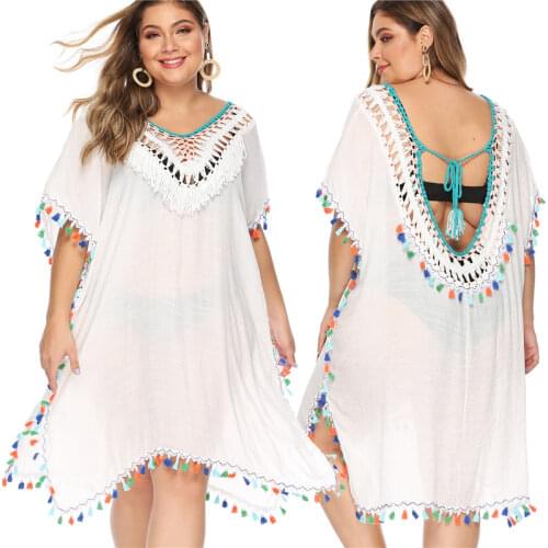 Plus Size Beach Cover Up Crochet Tassel Womens Cover-ups Fringe Long White Dresses 2020 Ladies Black Bathing Suit Ups V-neck 3XL