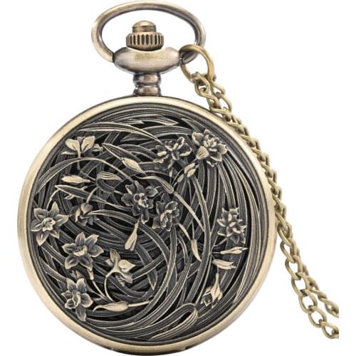 Retro Bronze Carved Grass Flower Design Quartz Pocket Watch Full Hunter Necklace Pendant Antique Sweater Chain Men Women Gifts