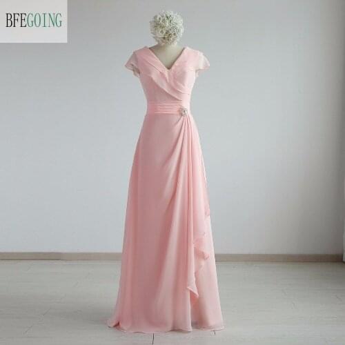 Pink Chiffon A-Line Bridesmaid Dress Floor-Length V-Neck Cap Sleeves Real/Original Photos Custom Made