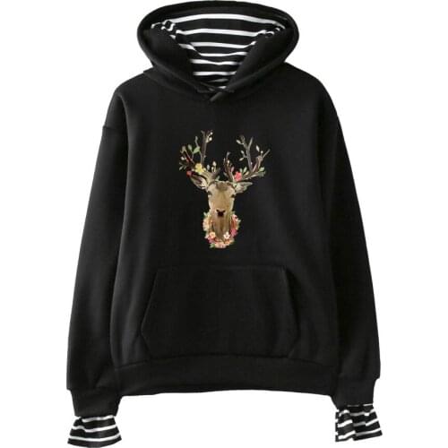 Deer Printed Fake Two Piece Hoodie Sweet Girl Streetwear Pullovers Fashion Hoodies Hip Hop Autumn Sweatshirts Casual Jacket Coat