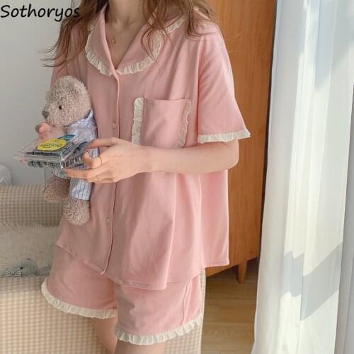 Cozy Pajama Sets Women Loose Ruffles Turn-down Collar Female Homewear Japanese Style Summer Comfortable Trendy Teens Sleepwear