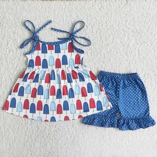High Quality Kids Boutique Sleeveless Outfit Baby Girls Summer Popsicle Pattern Top And Dot Shorts With Ruffle