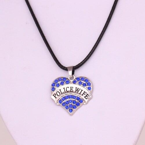 Heart Jewelry POLICE WIFE Drop shipping rhodium plated Crystal Heart pendant with black leather chain necklace