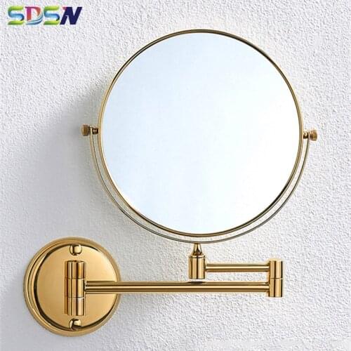 Golden Bathroom Mirrors SDSN Double Face Washing Cosmetic Mirror Quality Brass Round Bath Mirror Rotation Fold Bathroom Mirrors
