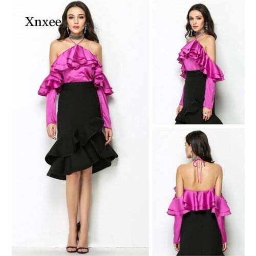 Spring Summer Ruffle Strapless Women Sexy Satin Slash Neck Shirt Solid Backless Ladies Halter Full Sleeve Office Elegant Blouse