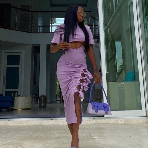 2021 Summer Women Skirt Outfit O Neck Short Sleeve Solid Crop Tops Ruched Bandage Bodycon Skirt Asymmetrical Sexy 2PCS Sets