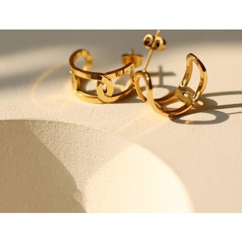 Amaiyllis 18K Gold Vintage Geometric Simple Hollow Earrings Stud Handmade Hoop Earrings For Female Bijoux Jewelry