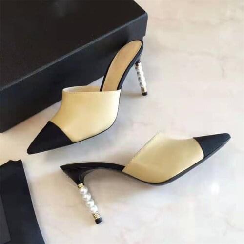 8cm High Heels Slippers For Women Mixed Color Pointed Toe Outside Slides Genuine Leather Pearl Heel Shoes Women Luxury Design