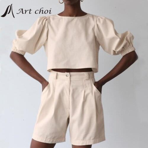 Summer Two Piece Set Pullover Tracksuit Casual Outfit Suits Women T Shirt Crop Tops Puff Sleeve Shorts Trouse Khaki 2 Piece Sets