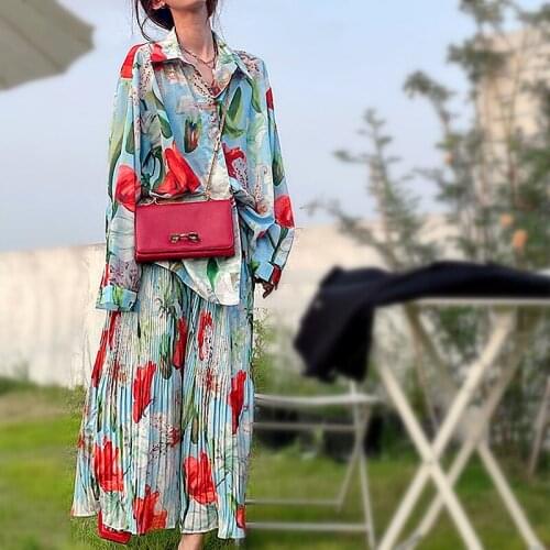 2 Pcs Skirts Clothing Set Women Vintage Retro Floral Print Long Shirts Blouses Women Tops And Pleated Skirt Suits Women SY266