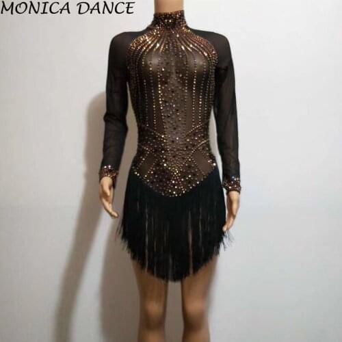 Women Sexy Long Sleeve Sparkly Gold Rhinestones Black Tassel Bodysuit See-through Costume Nightclub DJ Singer Stage Wear Dress