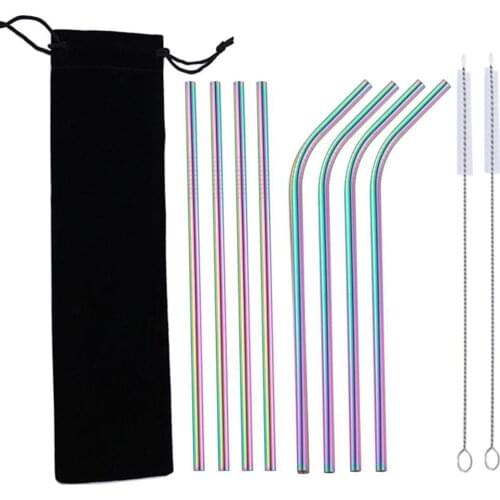 11pcs Rainbow Color Reusable Metal Straw Set with Cleaner Brush Steel Cocktail Drinking Straw Milk Drinkware Bar Party