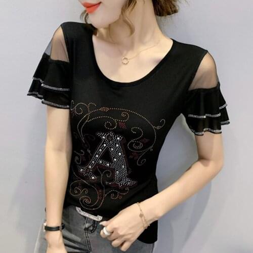 #6093 Summer Black Tee Shirt Femme Sexy O Neck Spliced Gauze Ruffles Short Sleeve T Shirt Women Diamonds Casual Slim T-shirt