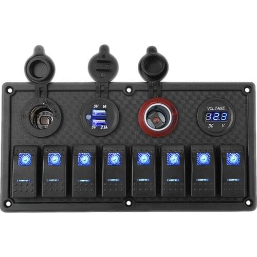 8 Gang Rocker Switch Panel with Breaker Blue LED for Aluminium Car Marine Boat RV Circuit Rocker Switch Panel
