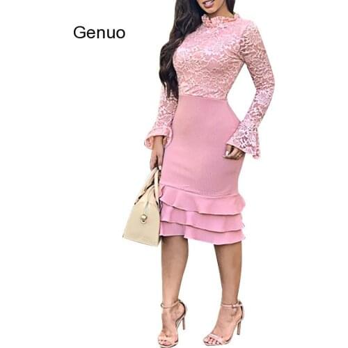 Adogirl Solid Lace Patchwork Ruffle Hem Bodycon Dress O Neck Long Flare Sleeve Sheath Midi Party Dresses Office Lady Work Wear