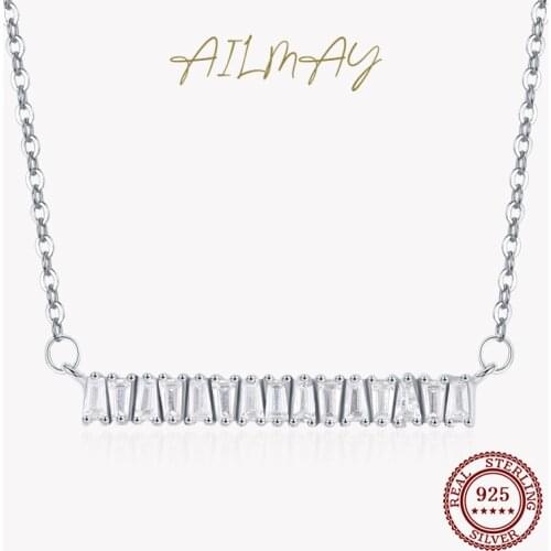 Ailmay Transparent Trapezoidal Zircon Rectangle Pendant Necklace For Women Fine Elegant 925 Sterling Silver Wedding Jewelry