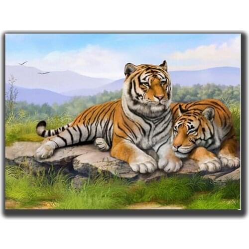 Diamond Mosaic Diy Diamond Embroidery Tiger Lovers Resting On Hill Full Diamond Painting Cross Stitch Rhinestone Home Decoration