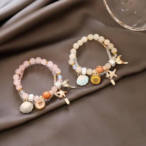 Handmade Natural Stone Mermaid Shell Beads Bracelet Pink Blue Stone Ocean Charm Bracelet for Women Summer Jewelry Gifts