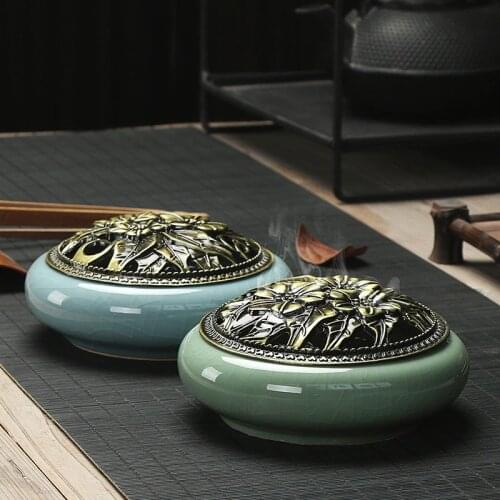 Celadon Incense Burner Ceramic Alloy Copper Cover Aromatherapy Furnace Tea Ceremony Aromatherapy Meditation Room Accessory
