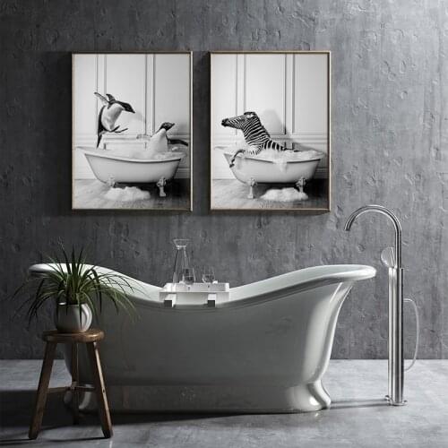 Black and White Animal in Bathtub Painting Penguin Giraffe Zebra Pictures Wall Art Canvas Poster Print Bathroom Kids Room Decor