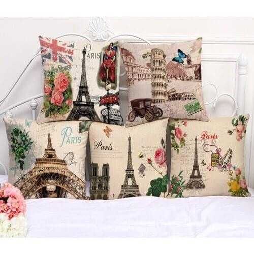 Decorative Pillow Cushion Case Vintage Building Butterfly Pillowcase 17.5 Inch Cotton Linen Chair Seat Throw Pillow Cover L1003