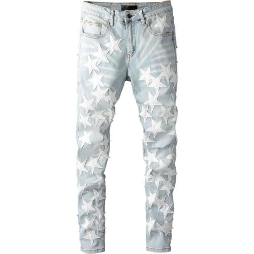 New Mens High Street New Jeans Summer Trousers Light Color Knife Cut Holes Male Stars Patches Skin Patches Slim Denim Pants 690