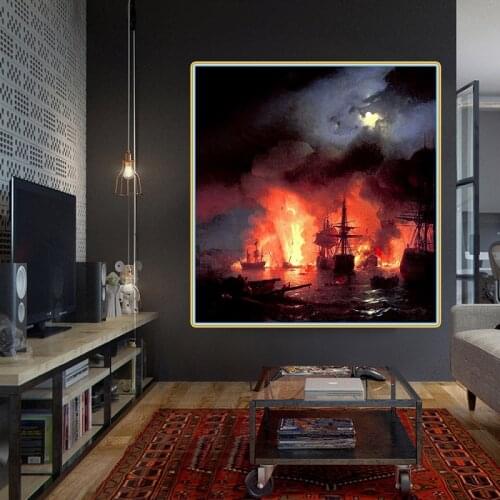 Canvas Art Oil Painting Ivan Aivazovsky《The Battle of Chesma 》Artwork Poster Picture Modern Wall Decor Home Decoration