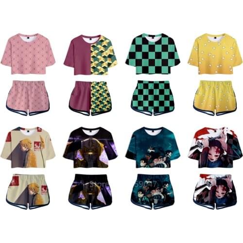 Japanese Anime Kimetsu No Yaiba Cosplay Costume for Women Girl Short Demon Slayer Kamado Tanjirou Print Top Pants Set Sleepwear