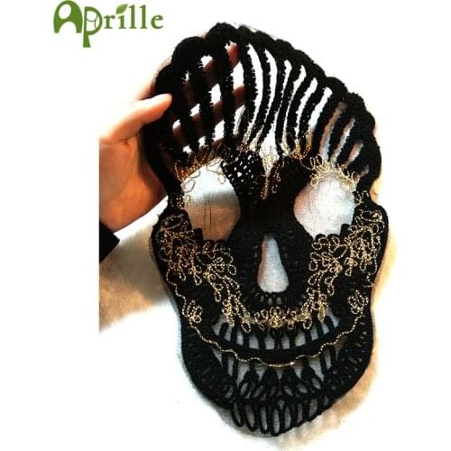 Cool large black skull skeleton lace towel embroidered patches for clothing clothes embroidery badges appliques accessory diy
