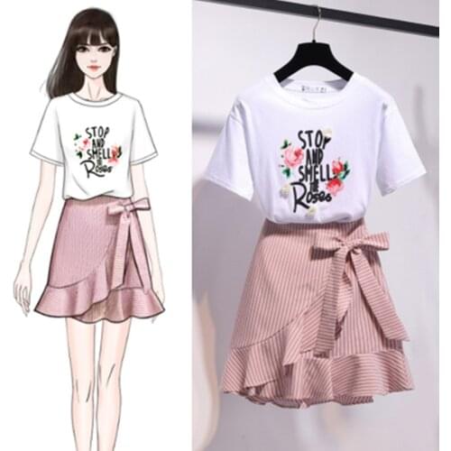 Summer Women Sweet 3D Flower Letter Print CottonT Shirts+Irregular Elegant Ruffles Striped Mermaid Skirt Fashion Casual Suit