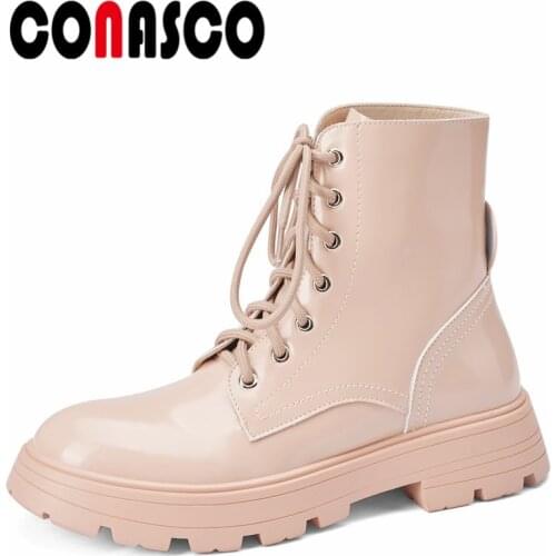 CONASCO Fashion Women Short Boots Autumn Winter Warm Cow Leather Basic Prom Office Lady Working Boots Motorcycle Shoes Woman
