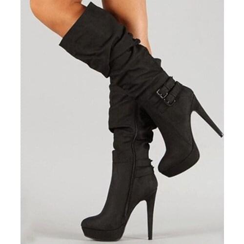 SHOFOO shoes.Elegant fashion womens boots,black suede, about 12.5 cm high heel boots, over-the-knee boots. SIZE:34-45