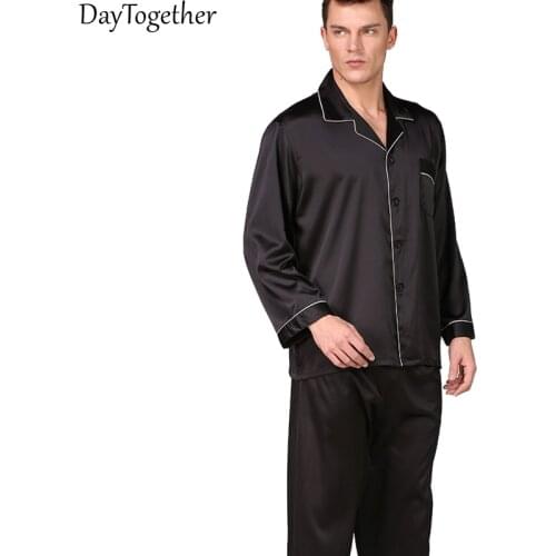 Men Silk Pajamas Spring Summer Long Sleeve Sloid Color Black Sleepwear Satin Tops and Trousers Pyjamas