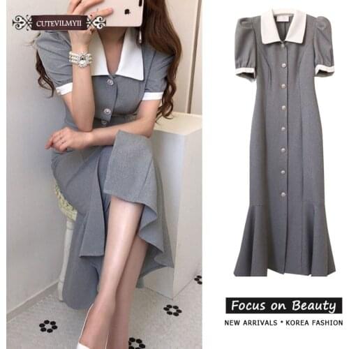 Elegant Women Bodycon Korean Long Dress Short Sleeve Turn Down Collar Chic Fashion Dresses Office Lady Pearl Buttons