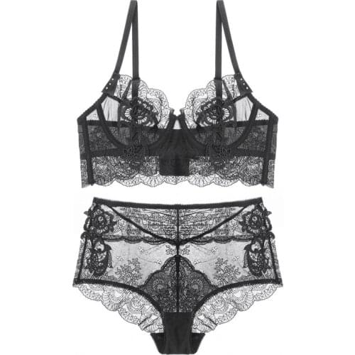 Sexy ultra-thin lingeri hollow ladies underwear big breasts show small lace bra set chest seamless lingerie set haut femme sexy