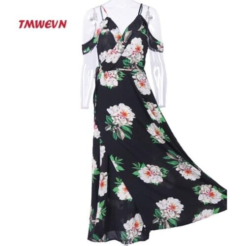 Tmwevm Printed Chiffon Sleeveless Sexy V-neck Dress