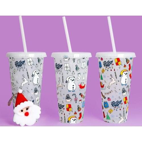 710ml Plastic Reusable Color Changing Water Cup Temperature Discoloration Shape Pattern For Kids Drinkware Mugs With Lid/Straw