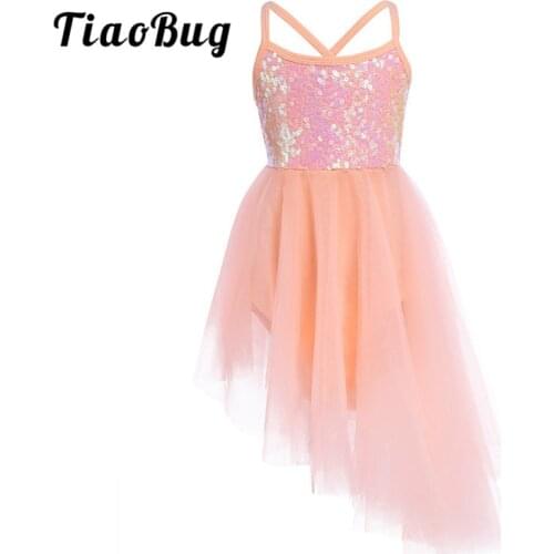 TiaoBug Girls Sequins Stage Performance Lyrical Dance Costumes Children Gymnastics Ballet Leotard Kids Dance Tulle Tutu Dress
