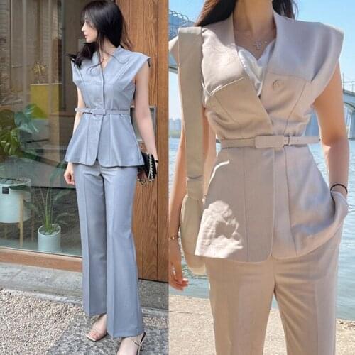 High Quality 2021 Summer 2 Piece Set Elegant Office Lady Sleeveless Slim Blouse And OL Work Long Pants Suit Female