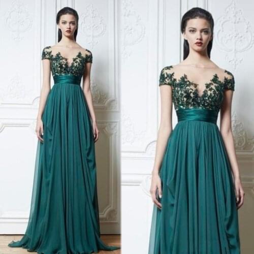 Green Sexy A Line Formal Evening Dresses Applique Lace Floor Length Vestidos De Fiesta Prom Party Wear Sheer Neck