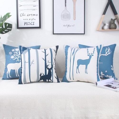 Zeroomade Blue Deer Pattern Square 100% Cotton Cushion Covers Home Decorative Throw Pillowcases For Sofa Chair Bed Gift 45x45 cm