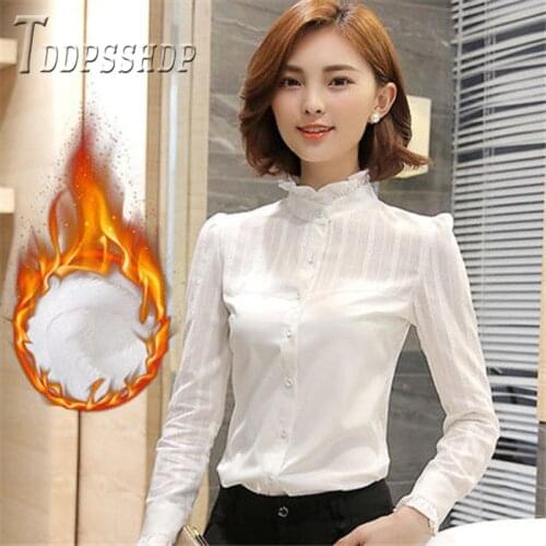 2019 Autumn Winter Lining With Fluff Women Blouse Korean Slim Office Lady Female Bottoming Blouses