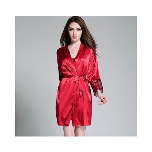 Women Sexy Lace Sleepwear Nightwear Kimono Robe Soild Spring Summer Casual Silk Bathrobe Belt Elegant Bathroom Spa Robe