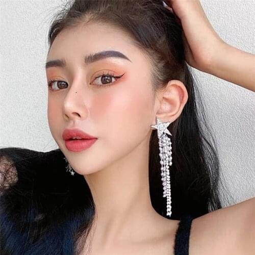 TIMEONLY Asymmetry Sparkly Rhinestone Oversize Stars Tassel Earring Simulation Pearl Chain Drop Earrings for Women Accessories