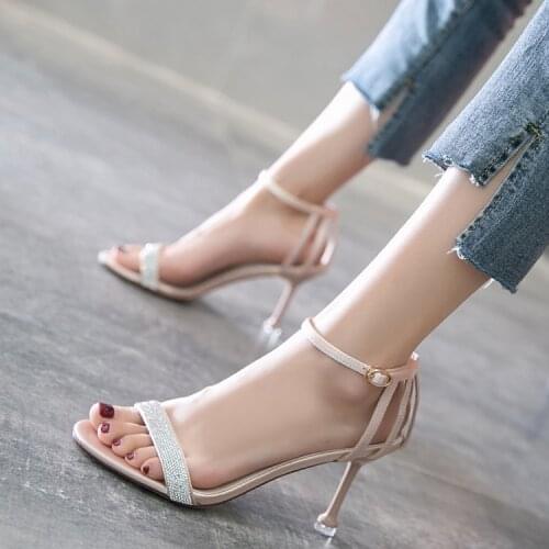 2019 summer new sexy rhinestone word with open toe sandals female hollow buckle stiletto net red high heels women